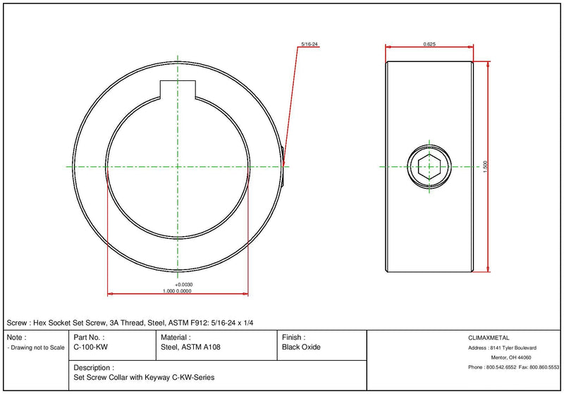 [Australia - AusPower] - C-100-KWX5 Set Screw Collar with Keyway, Black Oxide Plating, Steel, 1" Bore Size, 1-1/2" OD with 5/16"-24" x 1/4" Set Screw (Pack of 5) 
