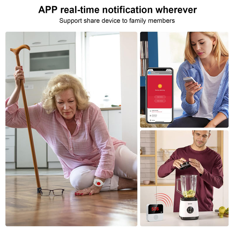 WiFi Pager, Caregiver Pagers Life Alert Systems for Seniors no Monthly Fee, 1 Receiver and 1 SOS Panic Button & 1 Watch Pager, Compatible with Tuya Smart/Smart Life APP Style 1