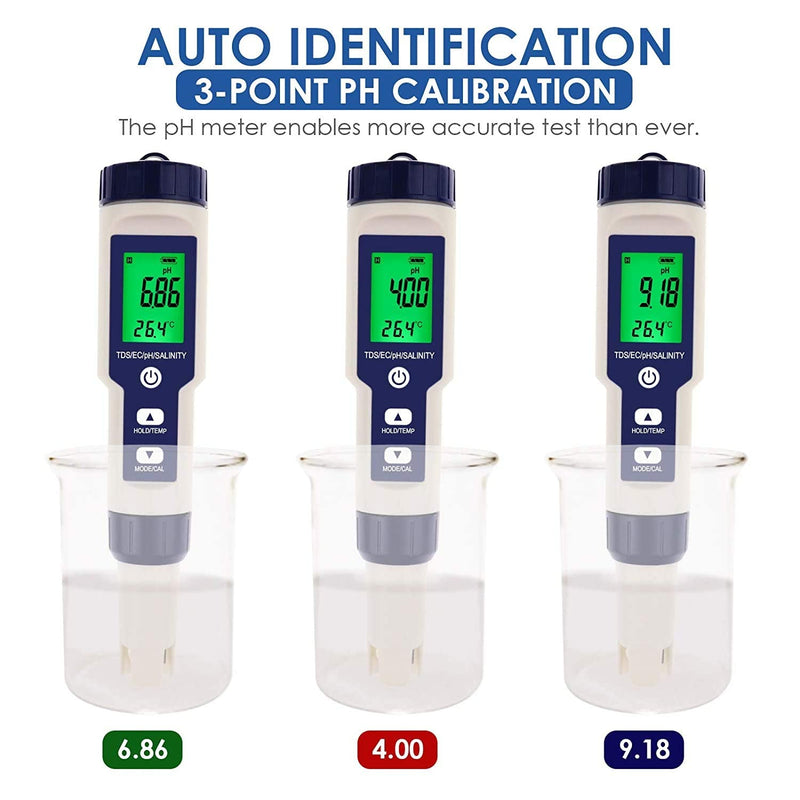 [Australia - AusPower] - Pentype Multi-Paramater 5-in-1 Water Quality Tester (pH/TDS/EC/Temp/Salinity) Waterproof Digital Meter Household Industrial Laboratory Analysis 