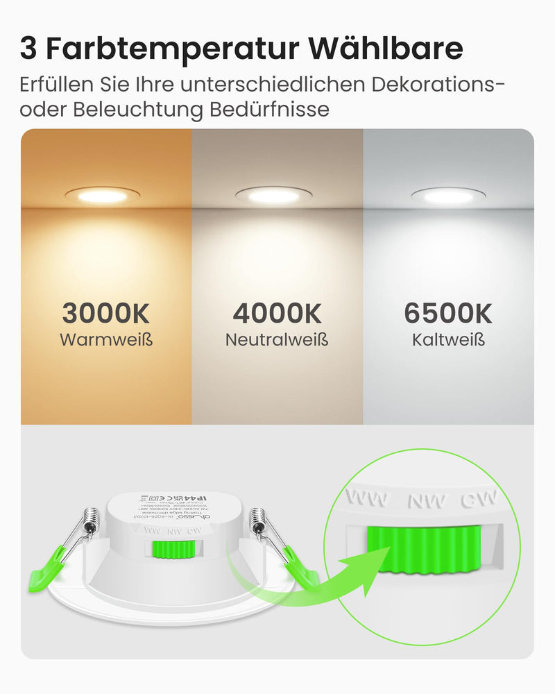 Alusso 3CCT LED Recessed Spotlight, 230 V, Dimmable, 7 W, IP44, Hole Size 67-75 mm, Set of 6 | Spotlights Ceiling Light 3000 K 4000 K 6500 K Selectable Ceiling Spotlights Recessed Lights for Bathroom Kitchen Round White 7w Round White, Hole Size 67-75 Mm