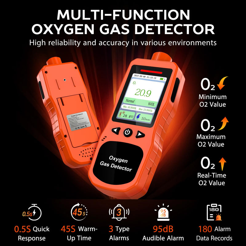 [Australia - AusPower] - Portable Oxygen Detector, Rechargeable O2 Monitor with Sound, Light, Vibration Alarms, Oxygen Air Quality Meter Measures Temperature & Humidity for Indoor Outdoor Use 