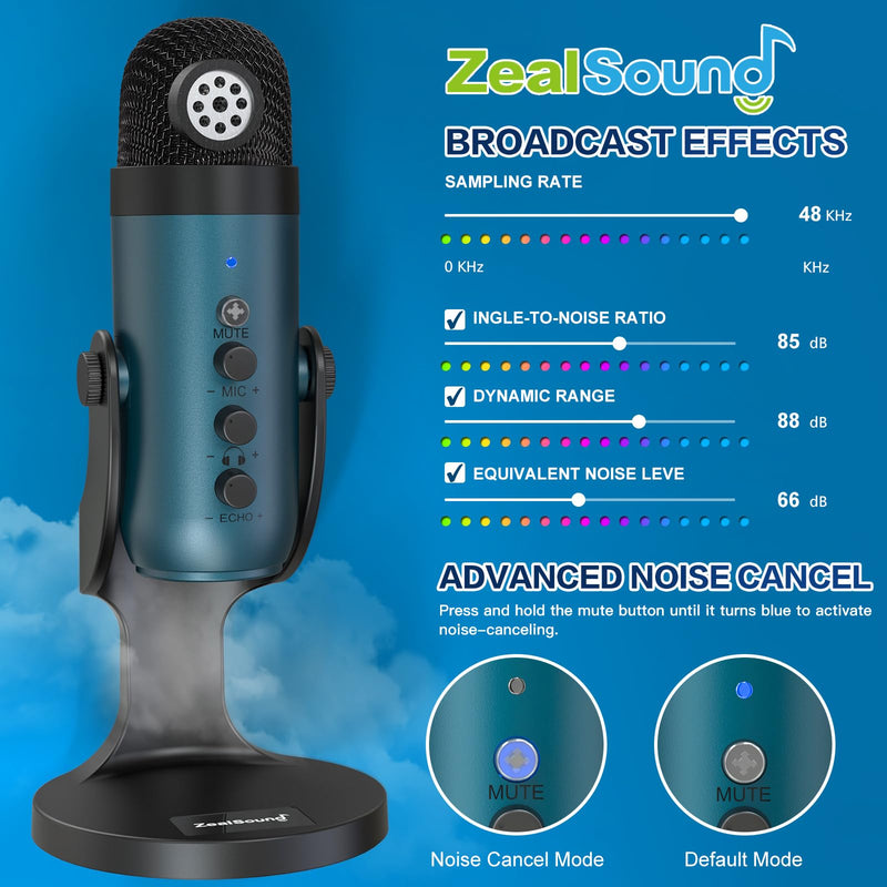 [Australia - AusPower] - ZealSound USB Condenser Microphone,Computer PC Gaming Mic,Plug&Play Microphones for PS 4&5.Monitor Adjust&Volume Control,Mic Gain Control,Mute Button for TikTok,YouTube Podcast on Mac&Windows(Teal) Teal 