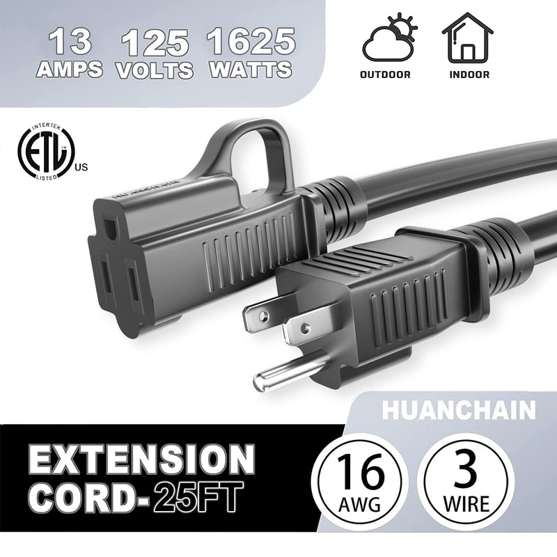 [Australia - AusPower] - HUANCHAIN Indoor Outdoor Black Extension Cord 25 ft Waterproof, 16/3 Gauge Flexible Cold-Resistant Appliance Cord Outside, 13A 1625W 16AWG SJTW, 3 Prong Heavy Duty Electric Cord, ETL 