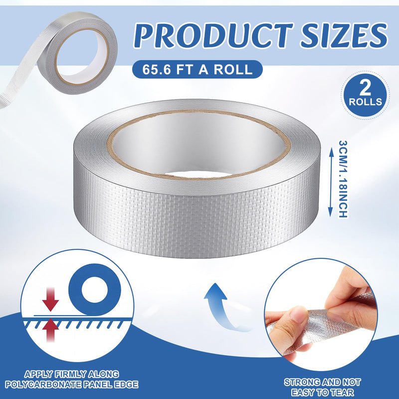 Fuyoooo 2 Roll 1.18in x 131 ft in Total Aluminum Polycarbonate Tape, Heavy Duty Waterproof Sealing Insulation Greenhouse Tape, Self Adhesive UV Heat Resistant for Greenhouse Roofing Outdoor Repairs