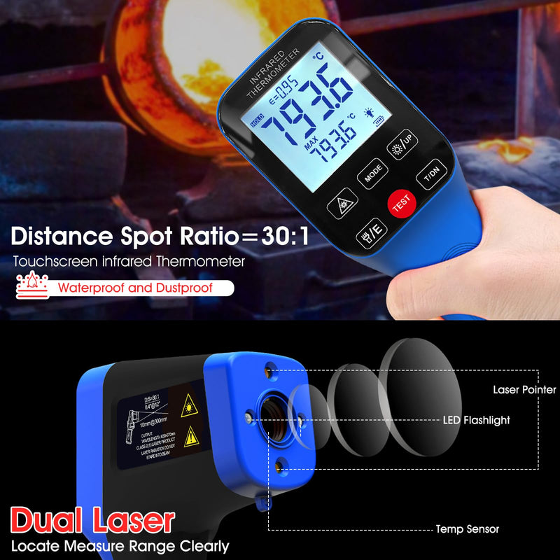 [Australia - AusPower] - AIOMEST Pyrometer AI-1600APP, -58℉~2912℉ High Temp Thermometer Gun D:S=30:1 Dual Laser Industrial ir Thermometer Gun w/Touch Buttons, Rechargeable Can be Connected to Phone APP (NOT for Human Temp) 