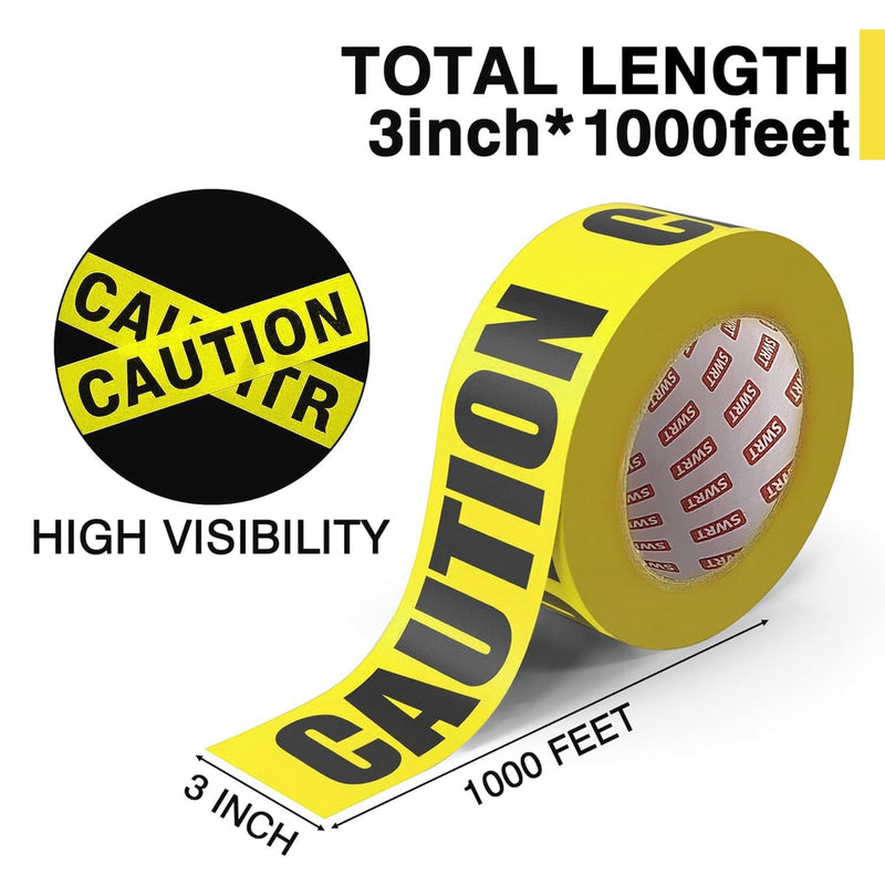 SWRT 1 Roll Premium Yellow Caution Tape, 3 Inch x 1000FT Bright Hazard Tape with Bold Black Text for Danger Zones/Sporting Events, Construction Tape for Crime Scenes/Halloween Decor 3 Inch X 1000 Feet