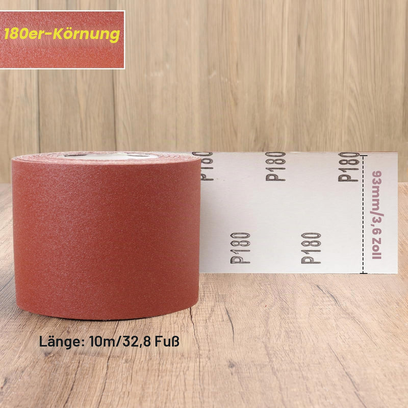 93 mm x 10 m Grit 180 Sandpaper Roll for Hand Sanders | Aluminium oxide sanding cloth, wet dry, can be cut to size, multi-surface polishing, rust removal, fine sanding 180 grit