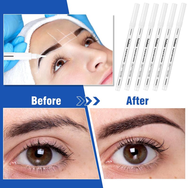 [Australia - AusPower] - 6Pcs Professional Surgical Tip Skin Marker Pen White Stencil Markers Pen with Paper Ruler for Eyebrow, Tattoo Skin Marking Individually Wrapped 1.0 MM 
