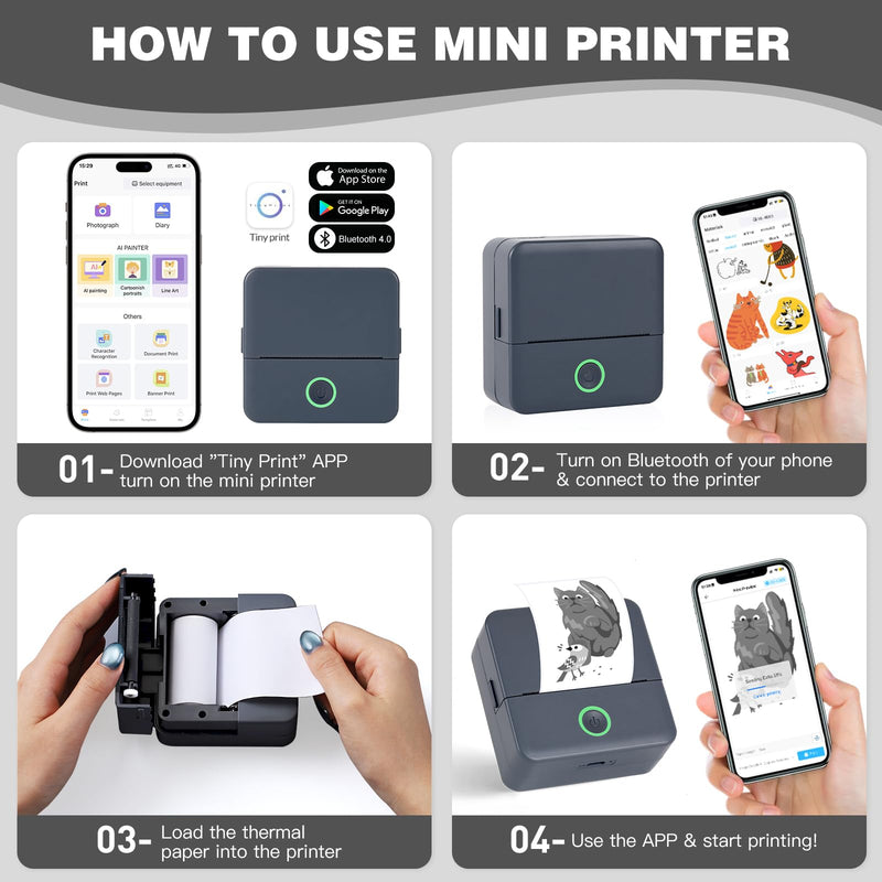 cudinham Print Pods Mini Printer, Sticker Printer with 10 Rolls Thermal Printing Paper, Inkless Pocket Printpod for Phone, Impresora Portátil for Notes, DIY, Compatible with iOS & Android (Grey) Grey