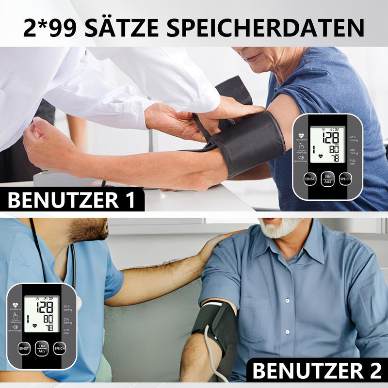 Upper Arm Blood Pressure Monitor with Large LCD Display, Intelligent Automatic Blood Pressure Monitor with Voice Output, Adjustable Cuff (22-36 cm), 2 x 99 Memory, for Home Use