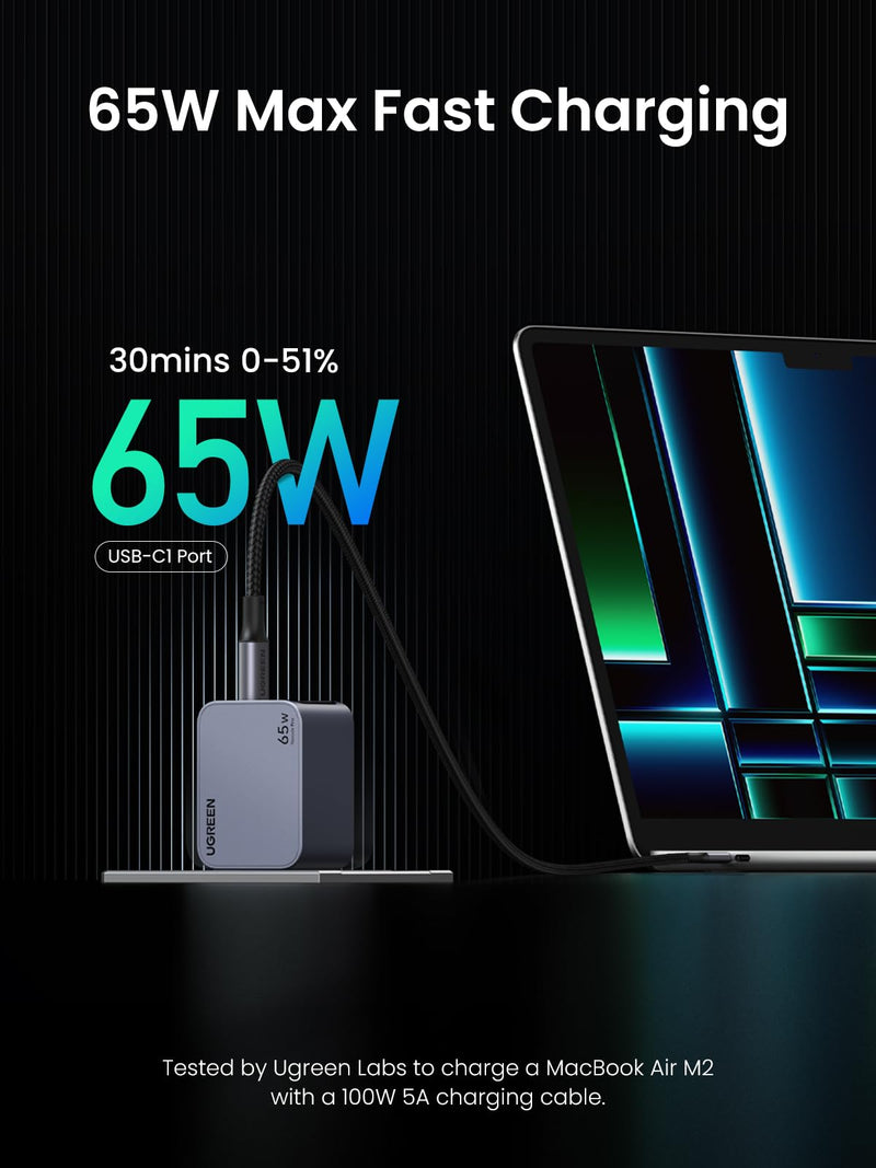 [Australia - AusPower] - UGREEN Nexode Pro 65W USB C Charger, 3-Port Mini Compact Foldable PPS GaN Fast Wall Charger Block for MacBook Pro/Air M2, Pixelbook, Dell XPS, iPhone 15 Pro/14, Galaxy S24 Ultra, Pixel 8, Steam Deck 