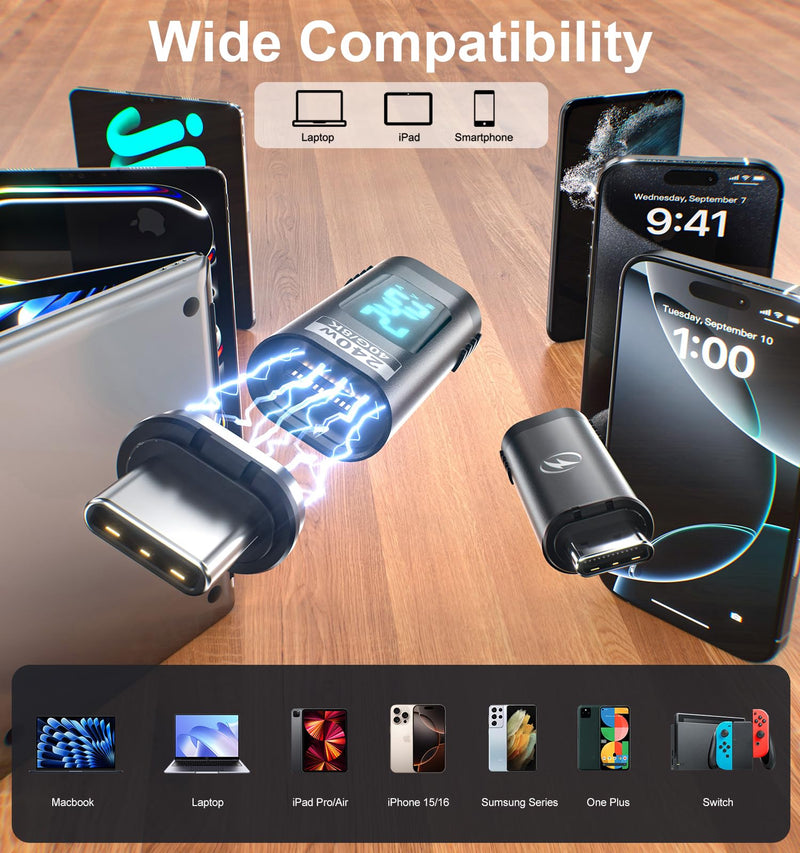 [Australia - AusPower] - 240W Digital Display USB C Magnetic Adapter 2Pack, 24Pin Straight USB C Power Meter Tester, Support Voltage, Current and Power Smart LED Display PD 240W, 40Gbps 8K 60Hz Video for 16/15, iPad, MacBook 