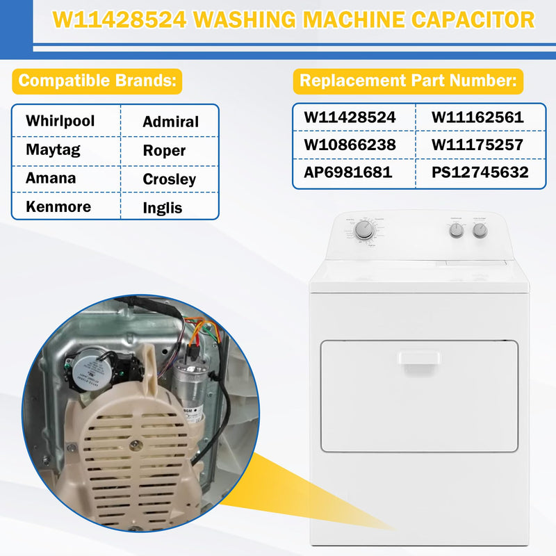 Upgrade W11428524 W11162561 Washing Machine Run Capacitor Compatible with Whirlpool Kenmore Maytag Crosley Amana Replace W10866238 W11175257 AP6981681 PS12745632 EAP12745632