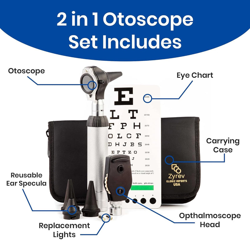 [Australia - AusPower] - Zyrev 2 in 1 Otoscope Oph Set - Perfect for Nursing & Medical Students with Carry Case, Sight Chart & Replacement Ear Speculums 