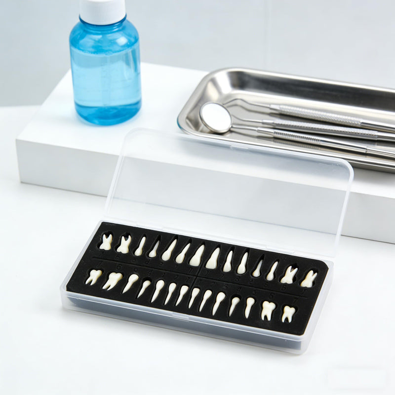 Tooth Model, 1:1 Adult Tooth Model, Permanent Teeth Demonstration Kit | 28 black teeth, 1:1 tooth model made of high-quality resin. Ideal for dental students & teaching. Includes storage box