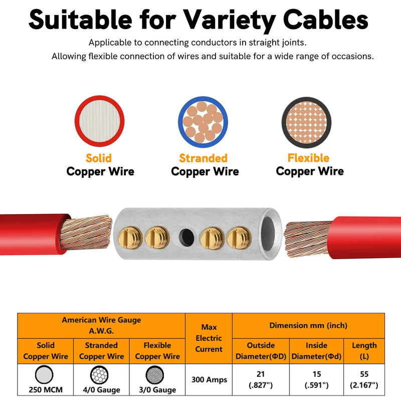 0000 Gauge Butt Splice Wire Connectors 4PCS Tinned Brass Mechanical Splice Connectors Kit 4/0 AWG Mechanical Repair Splice Kit Splice Screw Sleeves 4PCS Mechanical Butt Splices & 3:1 Heat Shrink Tubes 0000 (4/0) Gauge Mechanical Splice - Tinned Brass