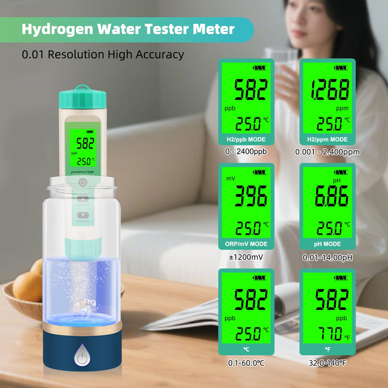 [Australia - AusPower] - Hydrogen Water Tester, 4-in-1 pH H2 ORP Temp Meter, High Accuracy Hydrogen Tester for Water, Portable ORP Meter for Drinking Water, Aquarium, Hydrogen Water Bottle, Home and Lab Use, Pool Green 