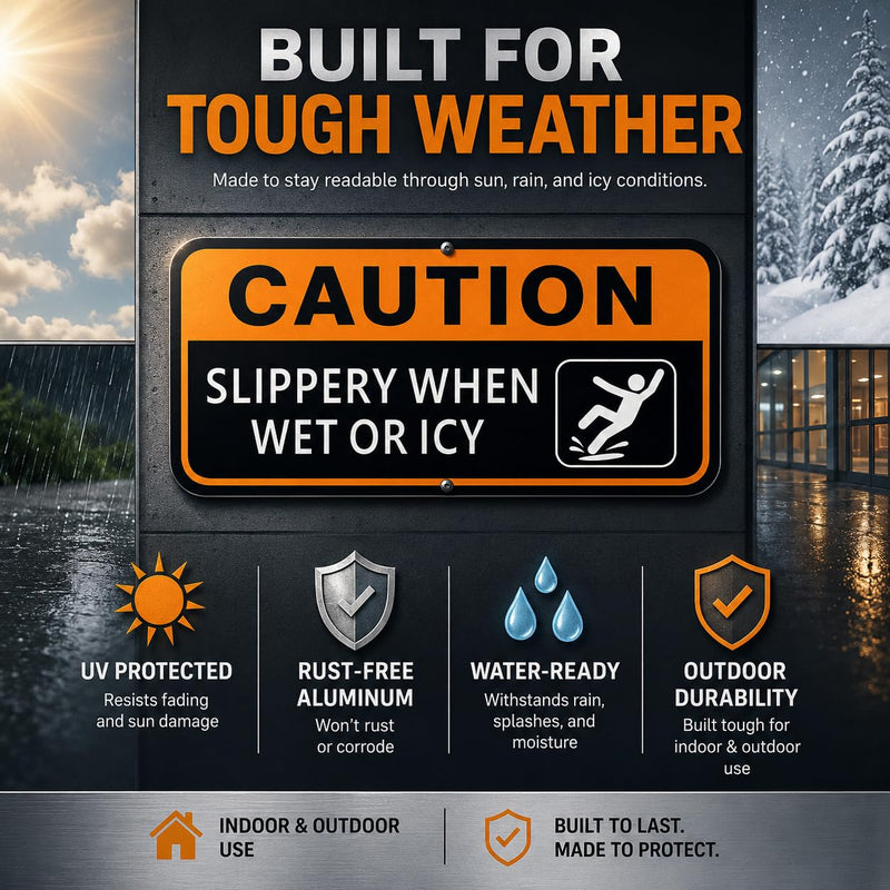 2 Pack Caution Slippery When Wet or Icy Sign, 12 x 6 Inch Reflective Aluminum Safety Warning Sign, UV Protected, Weather Resistant, Easy to Mount