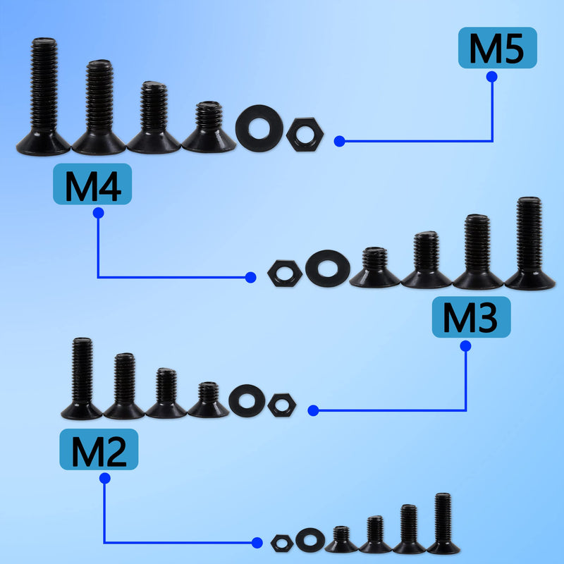 [Australia - AusPower] - newlng M2 M3 M4 M5 Socket Head Screws Set Carbon Steel Black Flat Head Hexagon Bolts and Nuts Washers Set 1065pcs Countersunk Head Screw & Bolt Assortment Sets with Spanner for Home Industrial M2345-3 