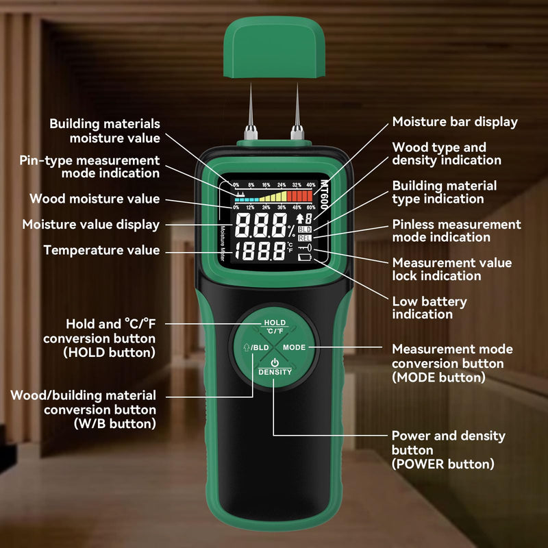 [Australia - AusPower] - Wood Moisture Meters, Pin & Pinless 2 in 1 Moisture Detector with Upgraded Sensor & Backlit Screen, 9 Calibration for Moisture Detection in Wood, Detector for Lumber Concrete Building(Green) Green 
