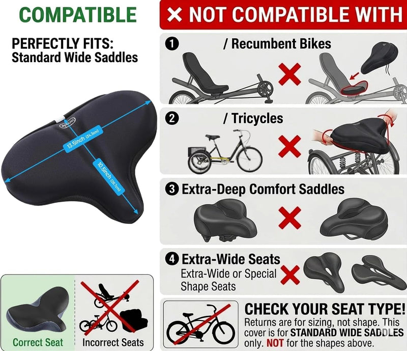 [Australia - AusPower] - Wide Bike Seat Cover – 13.5” x 10.5” Gel Padded Bicycle Cushion for YLG Saddle – Anti-Slip, Medium Firm Support for Indoor & Outdoor Riding 