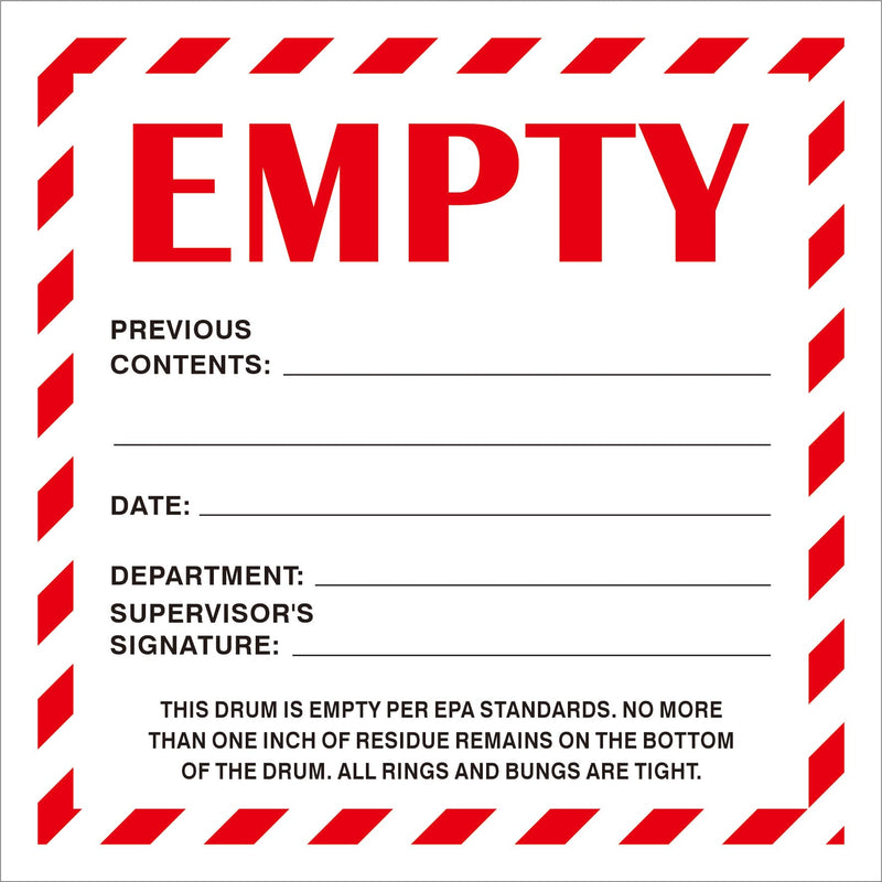 Empty Drum Industrial Labels 6"x6" Adhesive-Poly Vinyl Warning Stickers Self Adhesive White/Black Tag 50 Pack