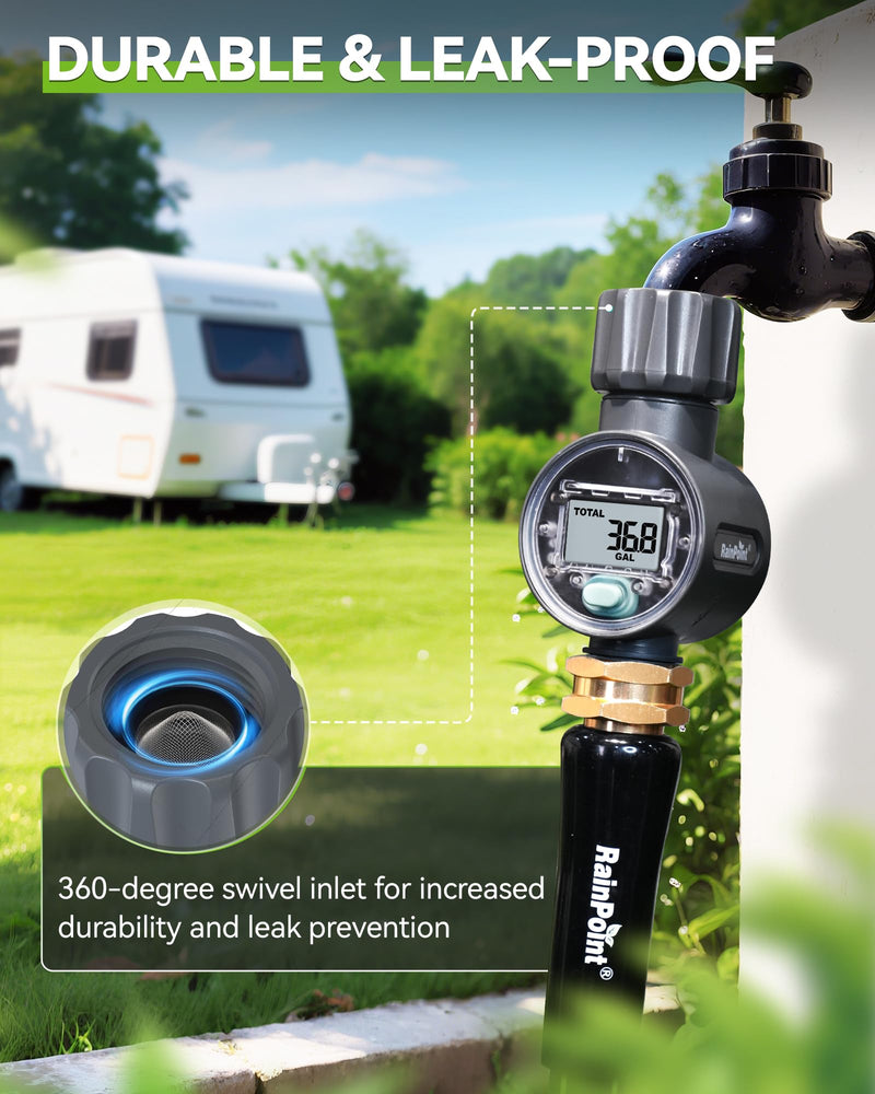 [Australia - AusPower] - RAINPOINT Water Flow Meter, ±5% Accuracy, Measure Consumption and Flow Rate up to 9999.9 Gallon/Liter, Water Meter for RV, Garden Hose, Pool, Lawn Sprinkler & Nozzle Sprayer Plastic 