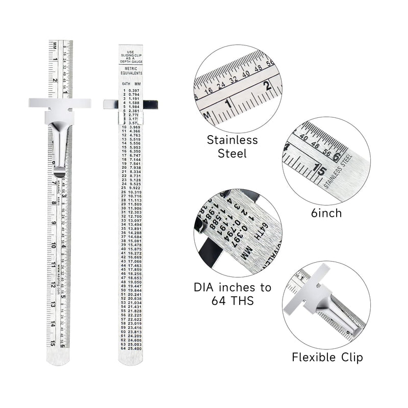 KEARING 6" Pocket Ruler Stainless Steel with Clip Depth Gauge, 12PCS | Stainless steel 12-pack 6" pocket rulers. Dual metric 15cm scales, detachable clip depth gauge & back conversion chart