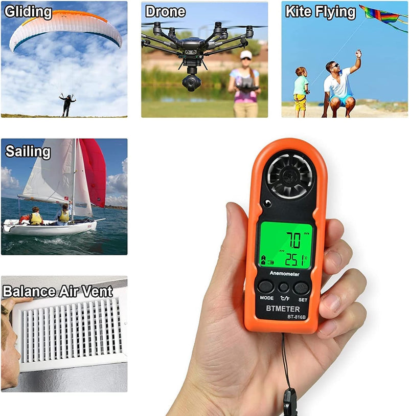 BTMETER Anemometer Handheld Wind Speed Meter, Mini Digital Air Flow Meter with LCD Backlight/Wind Chill & Temp, Max/Avg/Current Mode to Measure Air Flow Velocity for Kayaking Drone HVAC 816B-2pcs Red