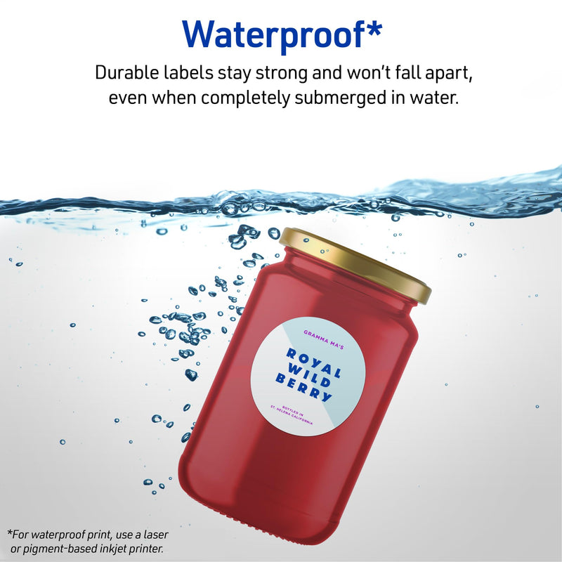 Avery Durable Waterproof Labels, Sure Feed Technology, 2" Diameter, Matte White, Laser/Pigment-Inkjet Printable, 96 Blank Labels, Great for Food Containers, Product Merchandising, and More (5657) 96 labels