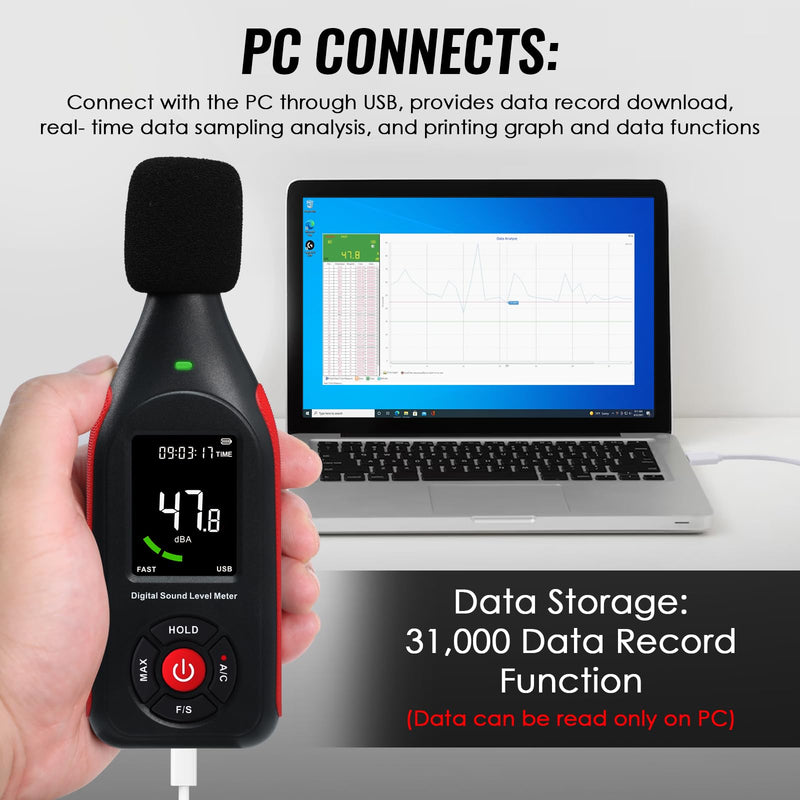 [Australia - AusPower] - Decibel Meter Sound Level Meter dB Meter Sound Noise Meter 30-130dB with MAX Data Hold, Data Record Function, Rechargeable With Alarm and A/C Frequency, Fast/Slow Time Selection for Home, Classroom 