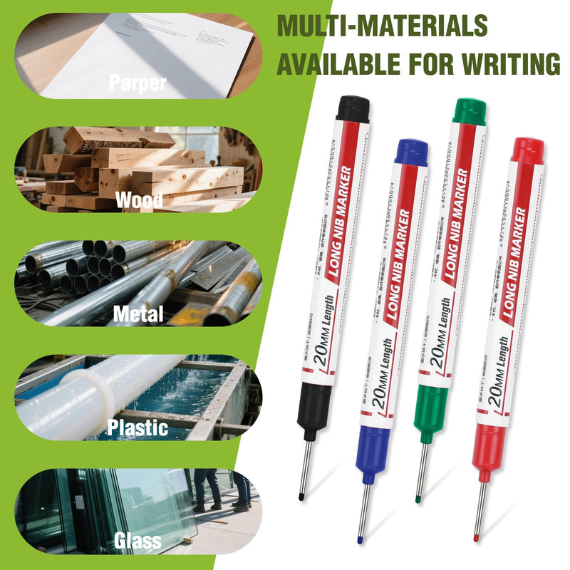 8pcs Long Nib Marker, Long Head Deep Hole Marker Pens, Waterproof Construction Markers Marking Tool, Multi-Purpose Deep Reach Pen Makes For Metal, Carpenter, Woodworking, Gift for Father's Day 8pcs-20mm