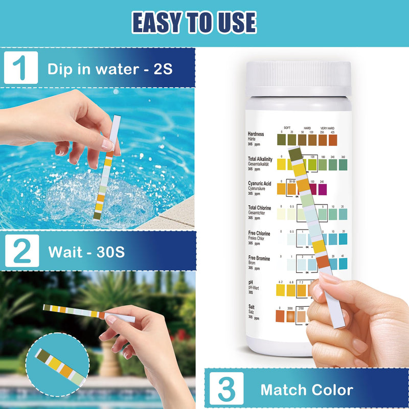 [Australia - AusPower] - 8-in-1 Pool Salt Test Strips: 150 Count Pool Test Strips for Salt Water Pool Hot Tub Spa Water Easy to Tests Salt, pH, Chlorine, Bromine, Alkalinity, Hardness, Cyanuric Acid 8IN1-150 