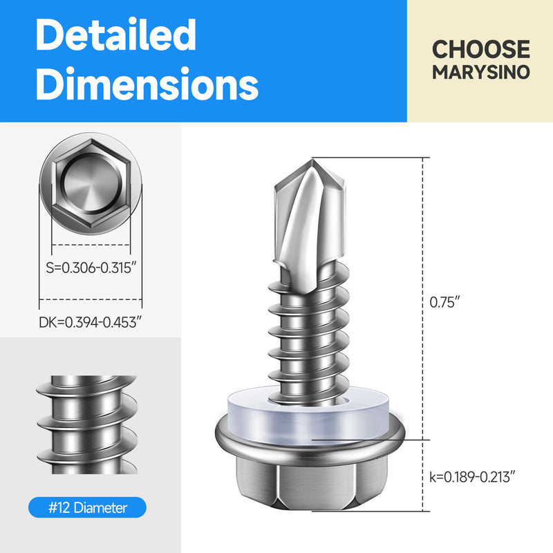[Australia - AusPower] - Sheet Metal Screws 100Pcs #12 x 3/4" Self Tapping Screws for Metal, 410 Stainless Steel Hex Head Self Drilling Screws for Metal Plastic Wood, High-Strength Quick Self-Tapping Screws by Marysino 3/4" Silver (#12) 