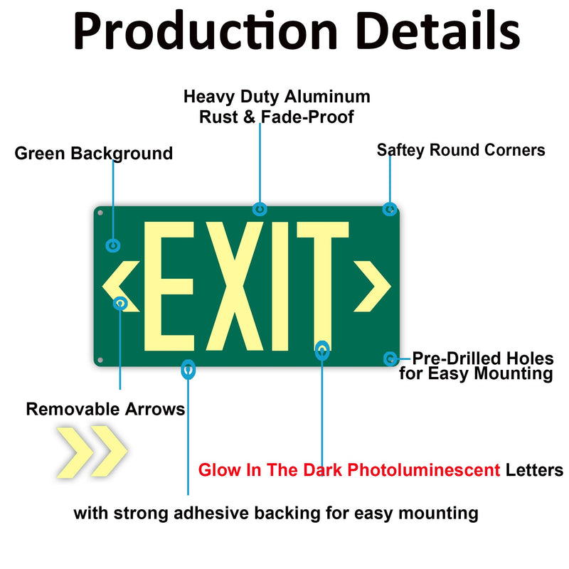 1Pack Photoluminescent Exit Sign Green - Aluminum -14.25"x 7.5" Glow In The Dark Adhesive Backing- Includes 2pcs Removable Arrows- Non Electrical Green Exit Light Green-Metal-1Pack
