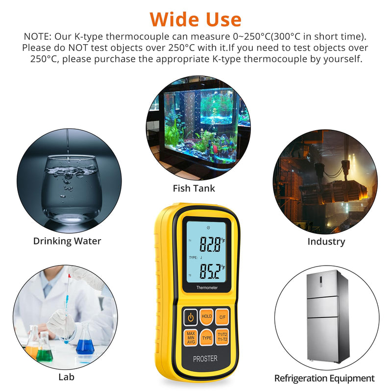 [Australia - AusPower] - Proster Digital Thermometer with 2 Dual Channel K-Type Thermocouples Sensor Probe LCD Backlight Temperature Meter Temperature Meter for Thermocouple Types K/J/T/E/R/S/N - Yellow 