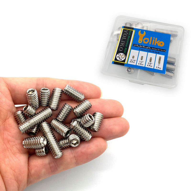 [Australia - AusPower] - 20pcs 5/16-18 Inch 4 Sizes Thread Hex Socket Set Screw Assortment kit – 304 Stainless Steel Full Thread Cup Point Grub Screws Set Screw for Bathroom Fixtures, Door Handles, Light Fixtures etc 304ss 5/16-18 4 Sizes-20pcs 