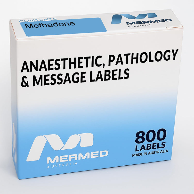 [Australia - AusPower] - Methadone Anesthetic Syringe Labels - Box of 800 Labels on Roll (1" core). 12mm x 40mm (Approx 0.5" x 1.5"). Latex-Free Permanent Adhesive. Printed in Australia by Specialist Medical Printer 