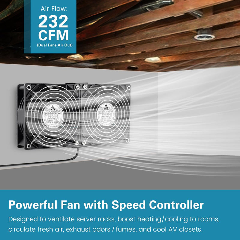 GDSTIME Dual 120mm x 38mm Computer Fan with AC Plug, AC 110V-240V Variable Speed Fan 240mm for DIY Cooling Mining Rig Server Case Grow Rack AV Cabinets Room to Room Basement Garage Ventilation Exhaust 2* 120x38mm fan