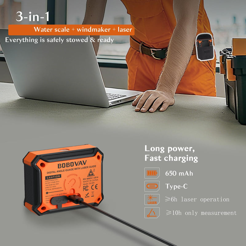 Rechargeable Digital Angle Finder with Laser and Magnetic Base, 4×90° & 2×180° Electronic Inclinometer Protractor Level Gauge for for Woodwork, Miter Saw, Hanging Frames Vertical Laser