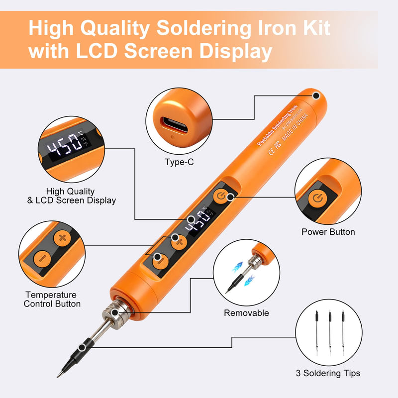 Flintronic Battery Soldering Iron Set, USB Wireless Soldering Iron Set with LCD, Adjustable Temperatures 180 ℃-450 °C, Rechargeable with 3 Soldering Tips/Soldering Wire/Soldering Paste for Repair of Welding #2 A-grey