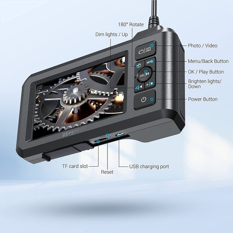 [Australia - AusPower] - DEPSTECH Dual Lens Industrial Endoscope, 1080P Digital Borescope Inspection Camera, 7.9mm IP67 Waterproof Camera, Sewer Camera with 4.3" LCD Screen,7 LED Lights,16.5FT Semi-Rigid Cable,32GB Card-Black Black 