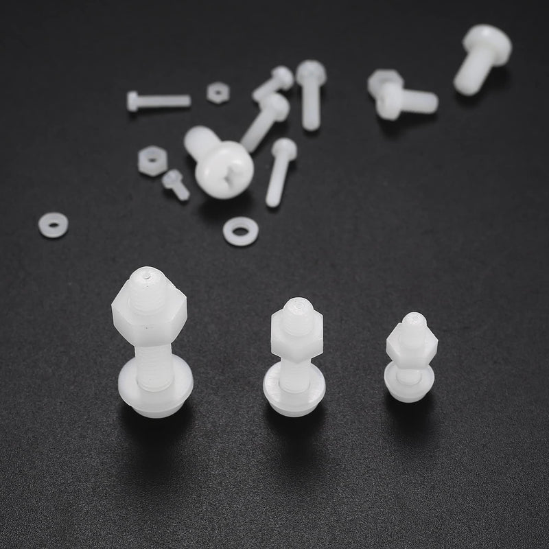 [Australia - AusPower] - 447 Pcs White Nylon Plastic Pan Round Head Screws Bolts and Nuts and Gaskets, Metric Full Threaded Hex Head Screws Bolts and Nuts and Washers Assortment Set - M2/M2.5/M3/M4/M5/M6 