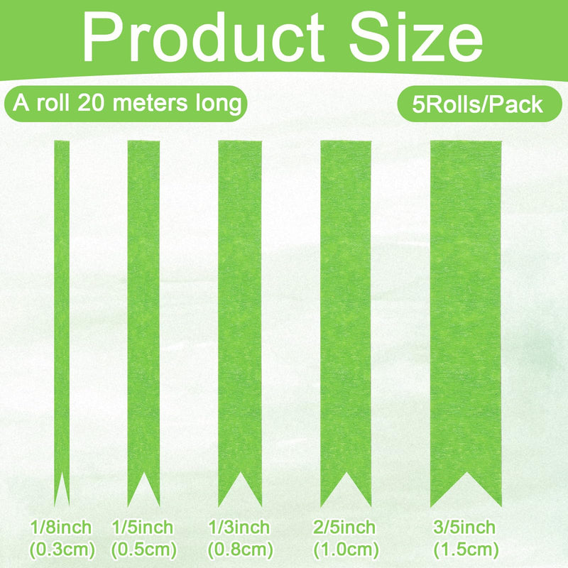 5 Rolls Pinstripe Tape, 5 Sizes Green Masking Tape 1/8, 1/5, 1/3, 2/5, 3/5 Inch Wide Fineline Masking Tapes Thin Painters Masking Automotive Tape for DIY Paint Art Crafts