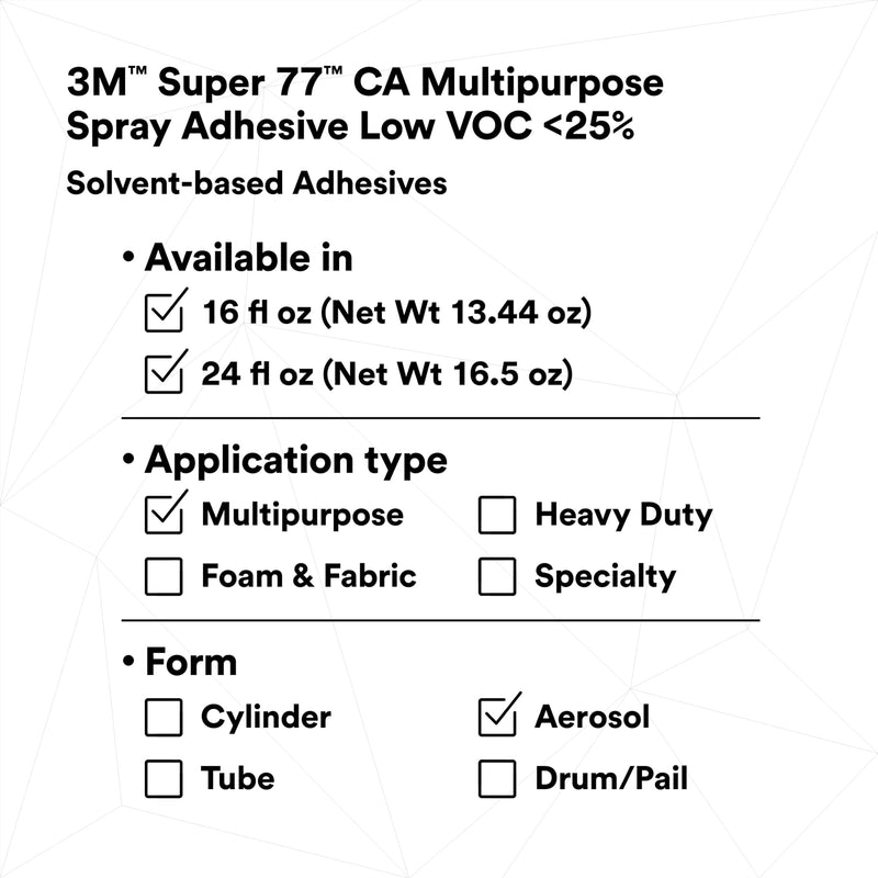 3M Super 77 Multipurpose Permanent Spray Adhesive Glue, Low VOC, Paper, Cardboard, Fabric, Plastic, Metal, Wood, Net Wt 18 oz Super 77 - Low VOC