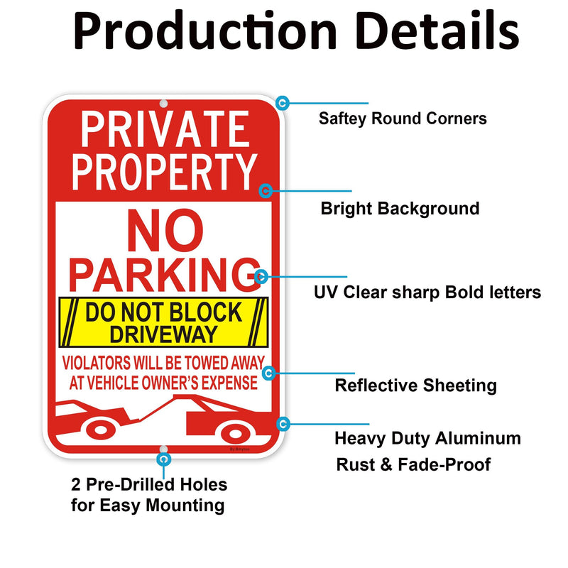 2Pack Large Private Property No Parking Do Not Block Driveway Signs, Violators Will Be Towed Away at Vehicle Owner's Expense, 18" x 12" Reflective Aluminum, Durable Ink, Easy to Install 18"X12" - 2 Pack