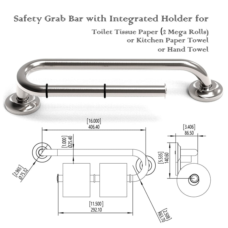 Grab Bar with Integrated Toilet Paper Holder for 2 Mega Rolls (Kitchen Paper Towel Holder or Bathroom Towel Bar), 16in Stud Mount, 250lbs Weight Support, Rustproof (Right, Brushed Nickel) Right