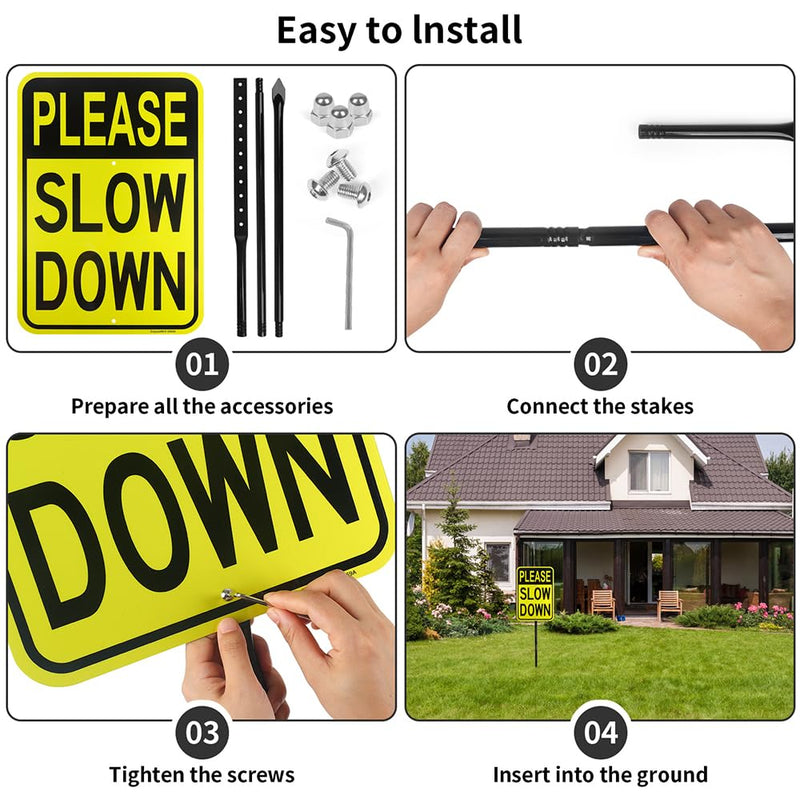 Large Please Slow Down Sign with 54" Metal Stake, 17"x 12" .040 Aluminum Sign - Reflective, UV Protected and Weatherproof