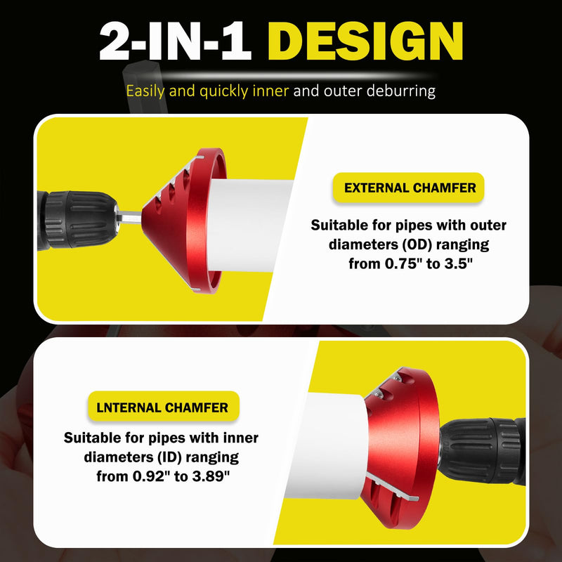 [Australia - AusPower] - 2 in 1 Inner-Outer PVC Deburring Tool, Chamfer Reamer Inner-Outer Pipe Beveler for 0.75" to 3.5" OD & 0.92" to 3.89" ID PVC, CPVC, ABS, PP, PE Pipes – 3 Sharp Blades, Fits Standard Drills 