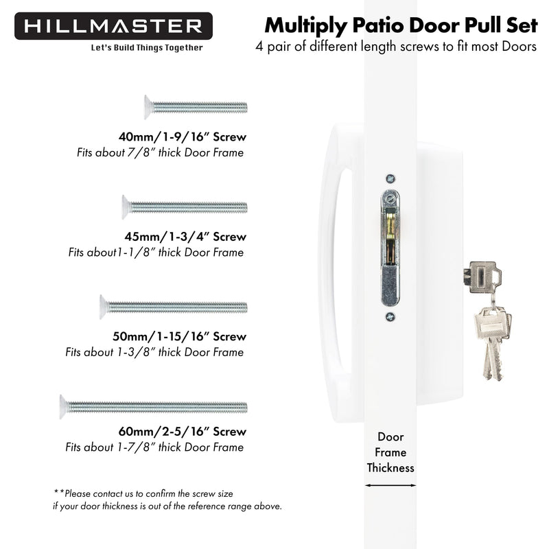 HILLMASTER Sliding Glass Door Handle with Mortise Lock and Key Cylinder,Patio Door Lock with Key Replacement Patio Door Handle Set Sliding Door Lock Fits 3-15/16" Screw Hole Spacing,Reversible Design White